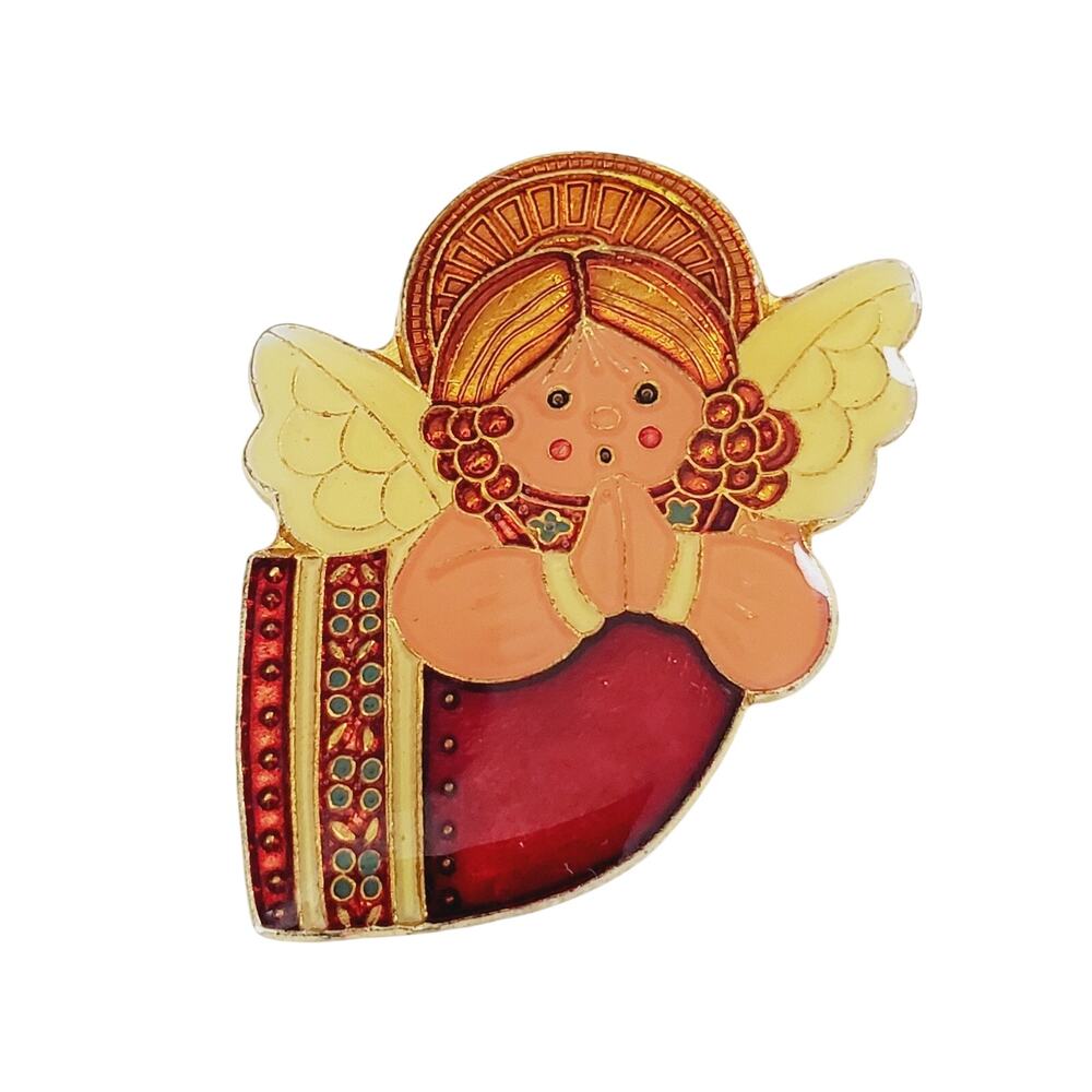 Vintage Enamel Christmas Gold-Tone Angel Brooch Pin Gentennia 1979 Detail Prayer